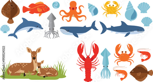 Large flat vector illustration set featuring diverse marine life animals including whale shark octopus dolphin and lobster alongside a forest deer family.