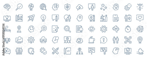 Inspiration and brainstorming web icons set in line stroke design. Outline pictogram pack of idea, solving problem, research process, innovation, solution, thinking, vision, more. Vector illustration.