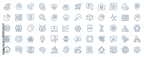 Innovation technology web icons set in line stroke design. Outline pictogram pack of startup, artificial intelligence, microchip, atomic energy, fingerprint, electric car, more. Vector illustration.