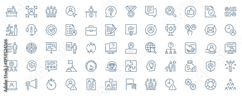 Management headhunting web icons set in line stroke design. Outline pictogram pack of office team, job interview, development, career, employment, contract, work offers, more. Vector illustration.