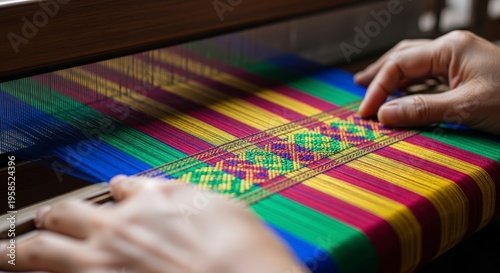 Hands weaving colorful fabric on loom.