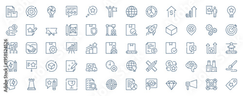 Product development web icons set in line stroke design. Outline pictogram pack of settings, optimization, solution, research process, testing, marketing, target, logistic, more. Vector illustration.