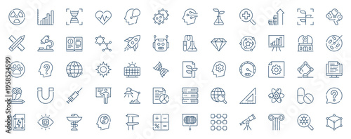 Science research web icons set in line stroke design. Outline pictogram pack of data analysis, dna, biology, biotechnology, medicine, atom structure, laboratory experiments, more. Vector illustration
