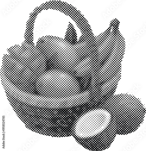 A black and white halftone image of a wicker basket filled with fruit isolated on transparent background