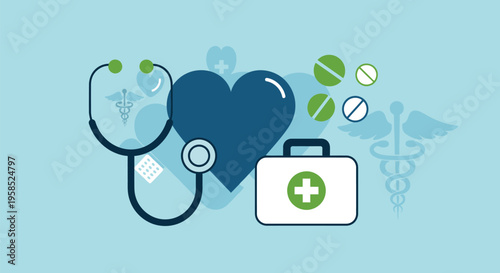 Medical equipment and pills arranged on a blue background with a stethoscope.