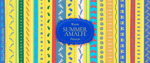 Amalfi summer horizontal banner with Mediterranean ornament and yellow and blue striped pattern. Italian floral pattern with colorful nautical shells and sardine icons. Coastal vacation invitation.