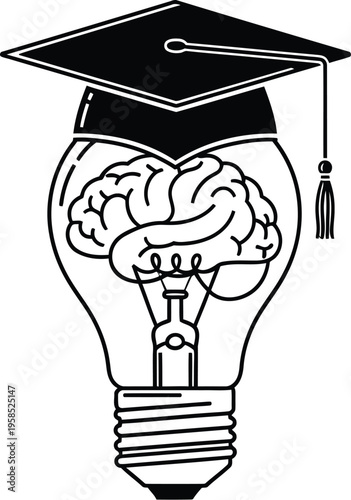 Black and white conceptual icon representing intellectual enlightenment or academic success illuminated by a bright idea