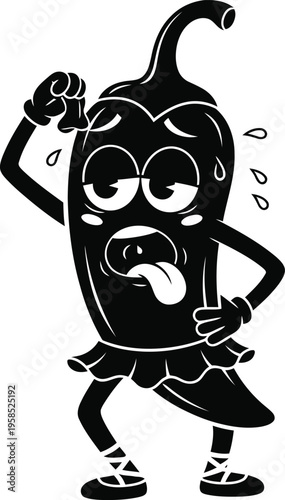 A cartoon chili pepper character dancing with a sweaty expression on its face