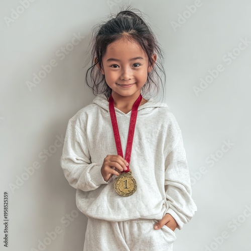 Proud little girl holding gold medal showing achievement and success,Happy child wearing medal celebrating victory and accomplishment,Cute school girl with gold medal for winning achievement concept