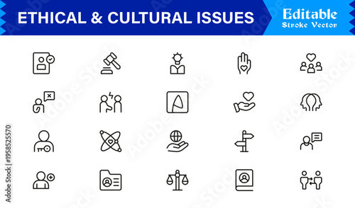Premium Ethical And Cultural Issues Line Icon Collection With Clean Minimal Modern Style And Unique Editable Vector Icons For Thoughtful Representation And Clarity