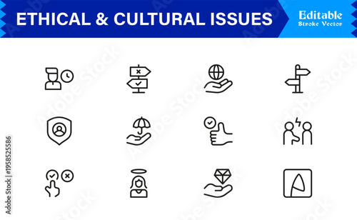 Premium Ethical And Cultural Issues Line Icon Collection With Clean Minimal Modern Style And Unique Editable Vector Icons For Thoughtful Representation And Clarity