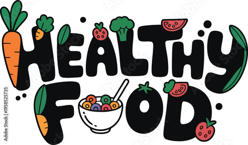 A colorful vector graphic illustration of healthy food with cartoon fruits and vegetables