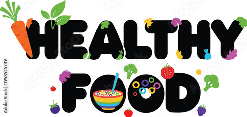 A colorful vector graphic illustration of healthy food with fruits and vegetables