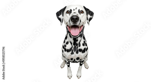 Happy Dalmatian dog sitting and looking up, isolated on a clean white background, perfect for pet-related designs