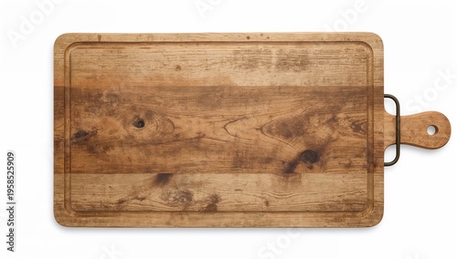 Rustic french farmhouse bread board, aged wood cutting surface with metal handle for kitchen decor or serving