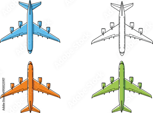 Airplane top view illustration set, passenger aircraft design, aviation transport concept, different colors planes, isolated vector style collection for travel