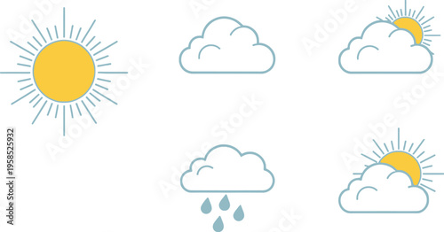 Illustrated set of modern line art weather icons showing different atmospheric conditions, including sunshine, clouds, partly cloudy, and rain.