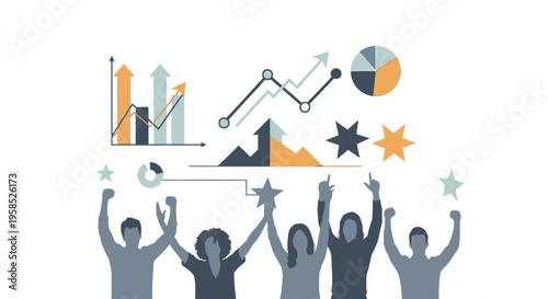 People celebrating with graphs and charts in the background