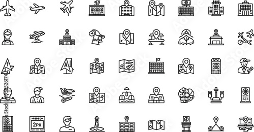 Travel and navigation line icon set featuring airplane map location tourism transport outline vector collection