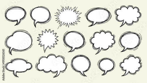 Assorted collection of hand drawn sketchy speech bubbles in various shapes and sizes arranged on a neutral beige background for design use.