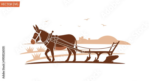 Donkey Pulling Traditional Plow Through Field, Agricultural Scene