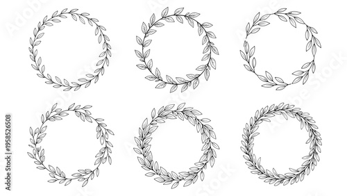 Set of six delicate hand-drawn leaf wreaths in black ink on a white background for elegant branding and stationery designs.