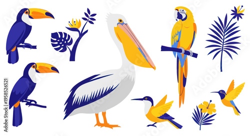 Exotic Birds Collection: Toucans, Pelican, Parrot, Hummingbirds and Tropical Leaves