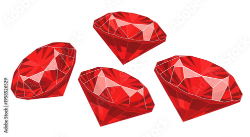 Four sparkling red ruby gemstones, precious jewels, luxury, wealth, isolated on white.
