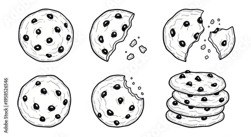 Hand-drawn Chocolate Chip Cookies Collection: Whole, Broken, Stacked