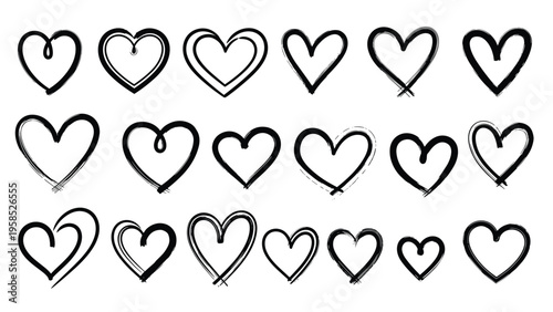 Set of diverse hand-drawn black outline hearts featuring various artistic styles and line weights on a white background.