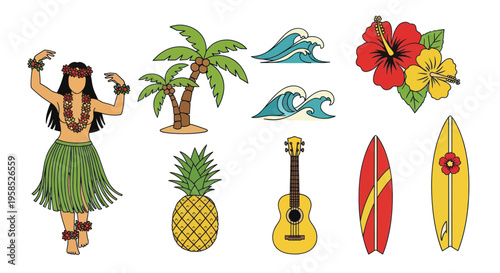 Hawaiian Hula Dancer, Surfboards, Palm Trees, Pineapple, Guitar, Waves & Hibiscus Flowers Icon Set