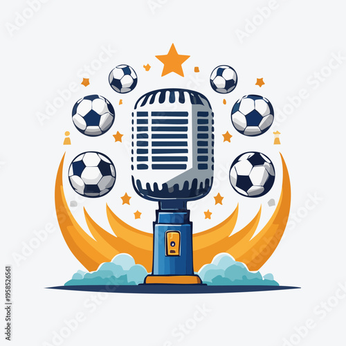 Retro Microphone with Soccer Balls and Crescent Moon.