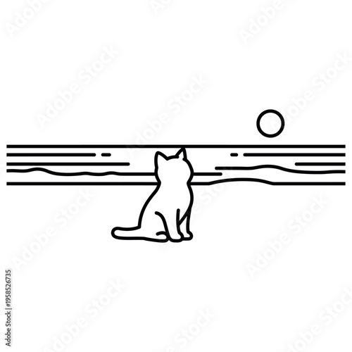 Feline Silhouette Gazing at Horizon Line with Setting Sun Minimalist Beach Scene Pet Illustration Isolated on white background
