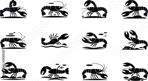Lobster Silhouette Icon Collection Set