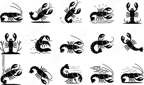 Lobster Silhouette Icon Collection Set