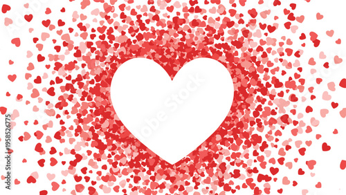 Large white heart symbol at the center surrounded by a dense cloud of small red and pink hearts on a clean white background.