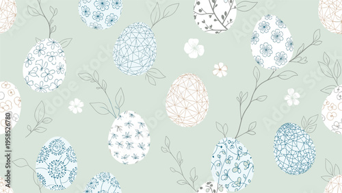 Easter seamless pattern with decorated eggs in floral and geometric patterns on a soft pale green background for holiday cards.