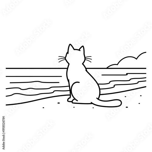 Cat Sitting on Beach Watching Ocean Waves Minimalist Line Art Coastal Scene Isolated on white background