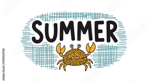 Summer themed illustration with a cute orange crab and hand-drawn text inside a textured blue oval for beach vacation designs.