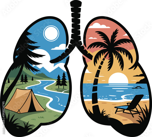 A vector graphic illustration of lungs with a camping and beach scene inside, symbolizing healthy breathing and relaxation