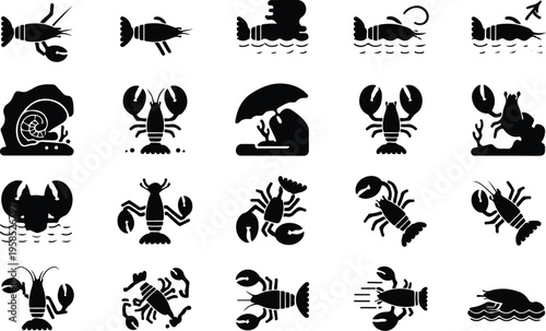 Lobster Silhouette Icon Collection Set