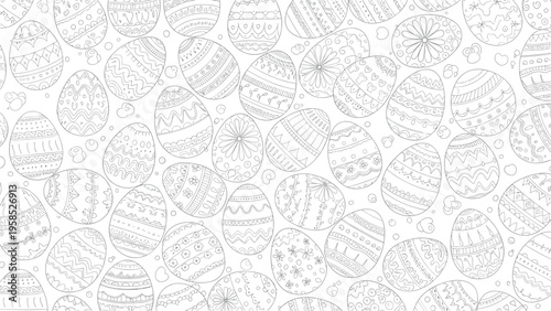 Intricate black and white line art pattern featuring decorated Easter eggs with various floral and geometric ornaments for coloring.
