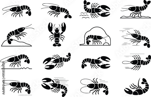 Lobster Silhouette Icon Collection Set
