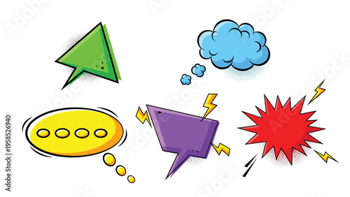 Collection of colorful comic style speech bubbles, an arrow, clouds, and a blast shape with lightning bolts for dynamic design projects.