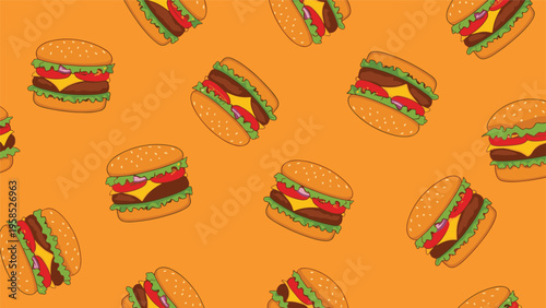 Fun seamless pattern with colorful cartoon hamburgers including lettuce, cheese, and tomatoes scattered across a bright orange background.