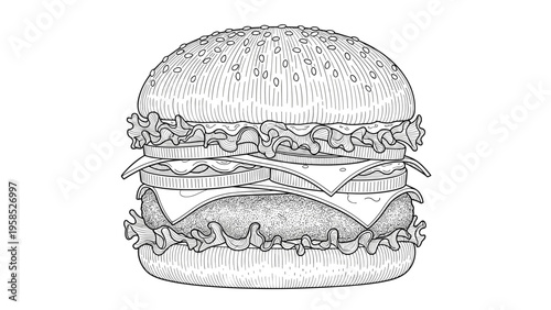 Detailed vintage style engraving of a delicious hamburger with sesame bun, lettuce, cheese, tomatoes, onions, and beef patty on white.