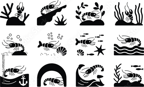 Lobster Silhouette Icon Collection Set