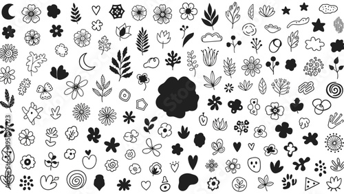 Large set of black ink hand drawn plant elements, flowers, leaves, stars, and abstract shapes for creative graphic design projects.
