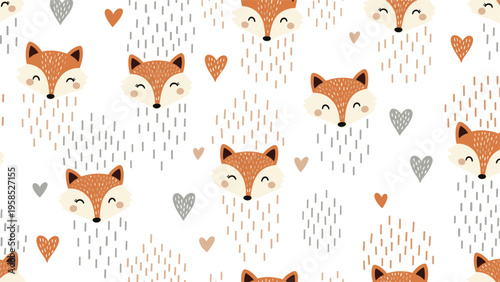 Sweet seamless pattern with cute fox heads, grey and orange hearts, and stylized rain drops on a white background for nursery decor.