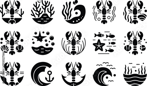 Lobster Silhouette Icon Collection Set